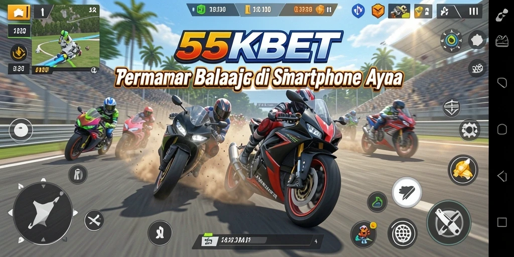 Tampilan gameplay seru di 55KBET yang menghadirkan balapan motor cepat.
