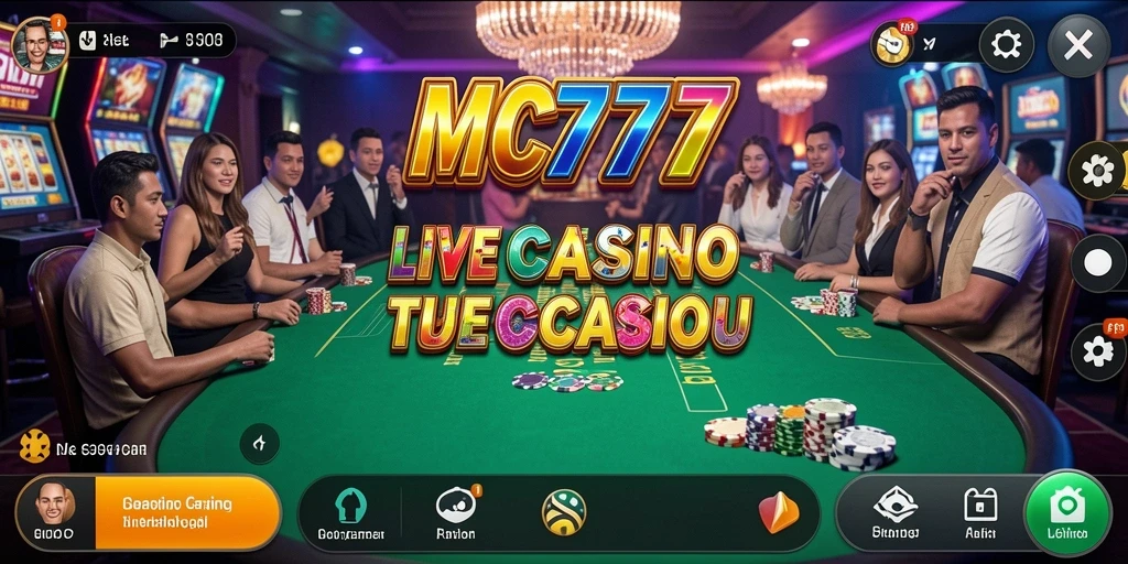 Screenshot gameplay MC777 menampilkan dealer langsung yang berinteraksi dengan pemain.
